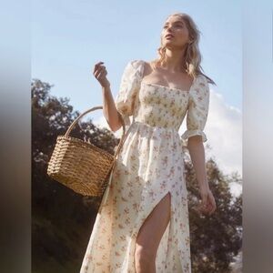 *RARE* NWOT Reformation Marabella Shirred Floral-Print Linen Midi Dress - Cream